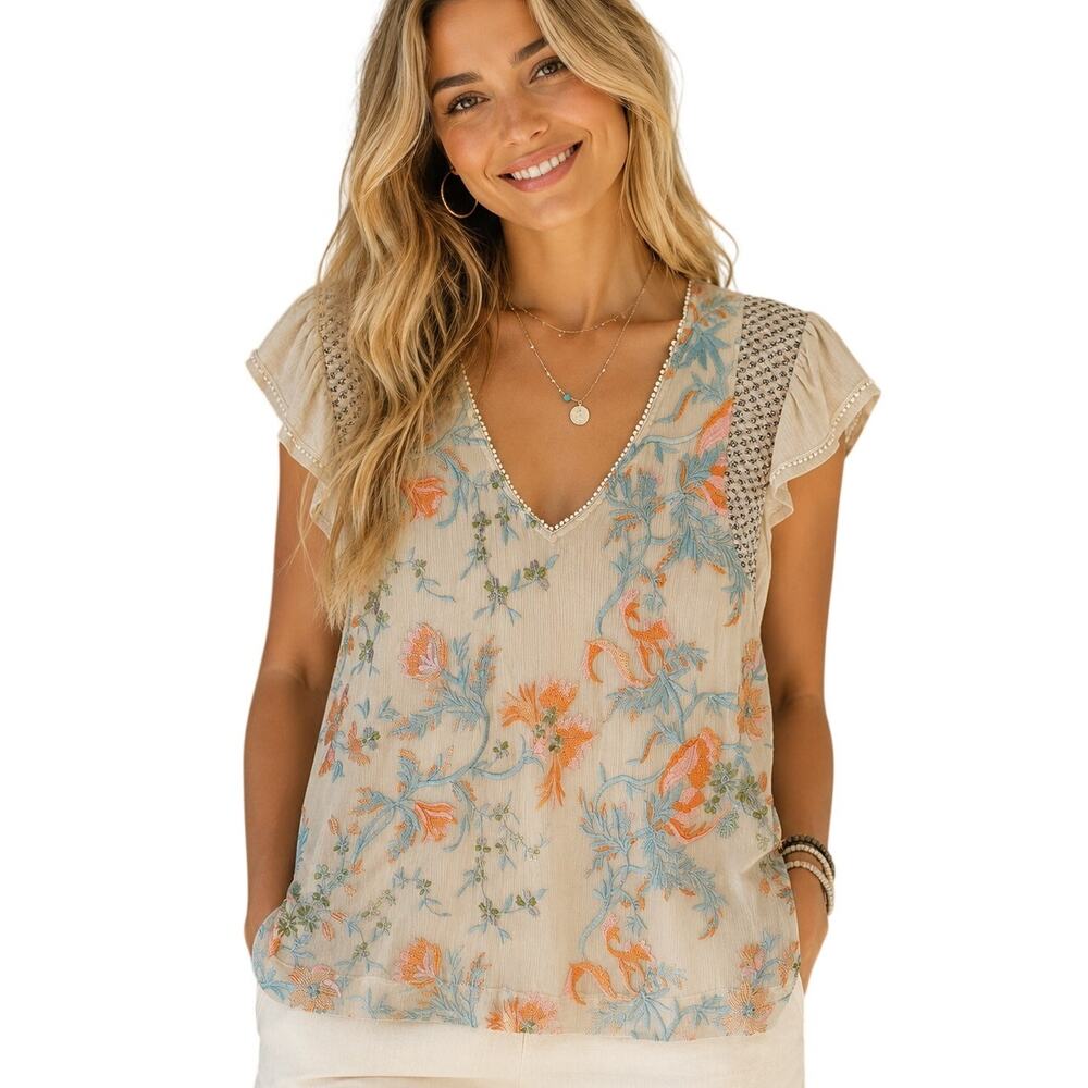 Anthropologie TINY Embroidered Frieda Top Womens XL Flutter Sleeve Floral Blouse